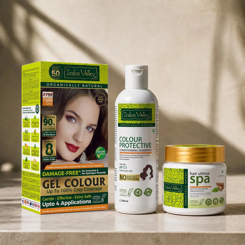【Indus Valley】 Damage Free Gel Colour With Colour Protective Conditioning Shampoo and Hair Ultima Spa Combo - (575ml + 20g) 5.00 Light Brown
