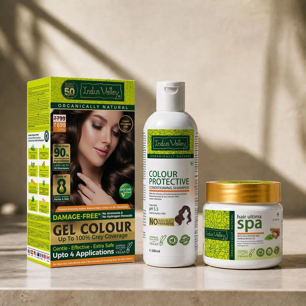 【Indus Valley】 Damage Free Gel Colour With Colour Protective Conditioning Shampoo and Hair Ultima Spa Combo - (575ml + 20g) 5.40 Copper Mahogany
