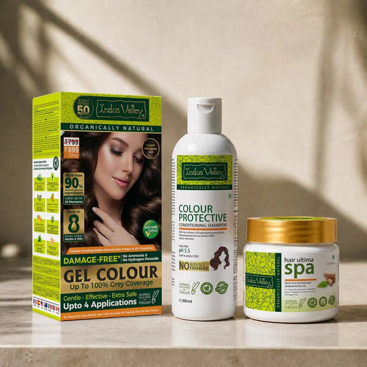 【Indus Valley】 Damage Free Gel Colour With Colour Protective Conditioning Shampoo and Hair Ultima Spa Combo - (575ml + 20g) 5.40 Copper Mahogany