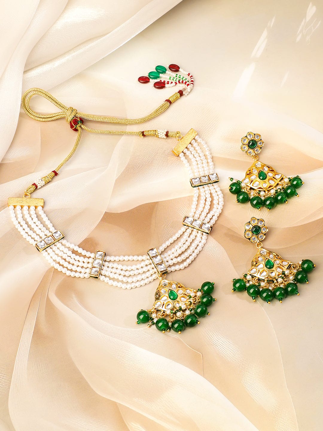 Handcrafted Green Beaded Necklace Set Emerald Green