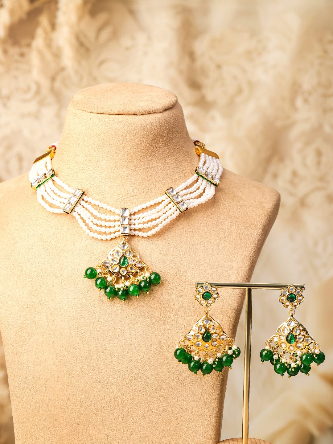 Handcrafted Green Beaded Necklace Set Emerald Green
