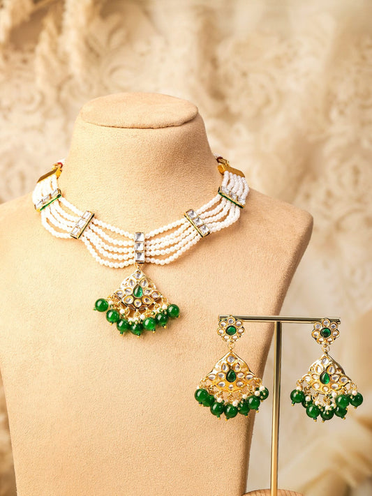 Handcrafted Green Beaded Necklace Set Emerald Green