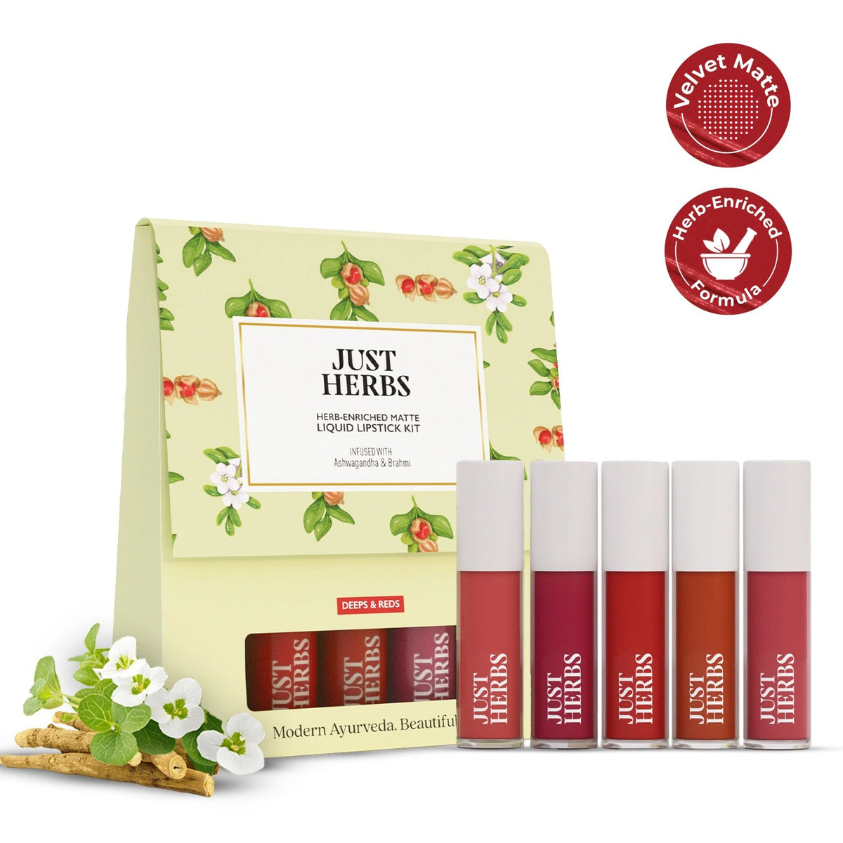 【Just Herbs】 Herb Enriched Matte Liquid Lipstick Kit- Set of 5 Deeps and Reds