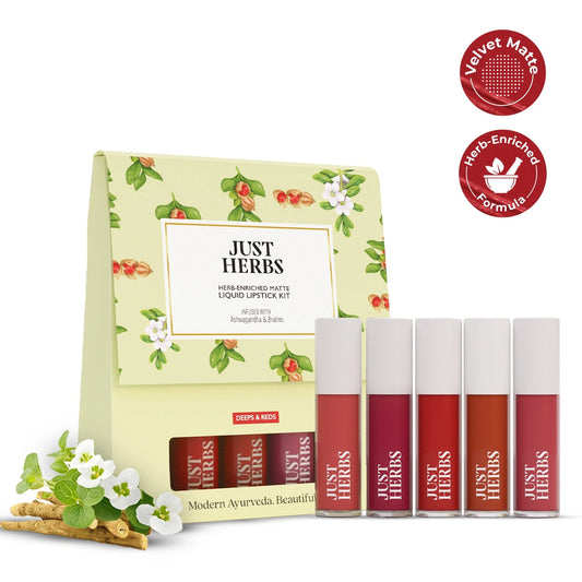【Just Herbs】 Herb Enriched Matte Liquid Lipstick Kit- Set of 5 Deeps and Reds