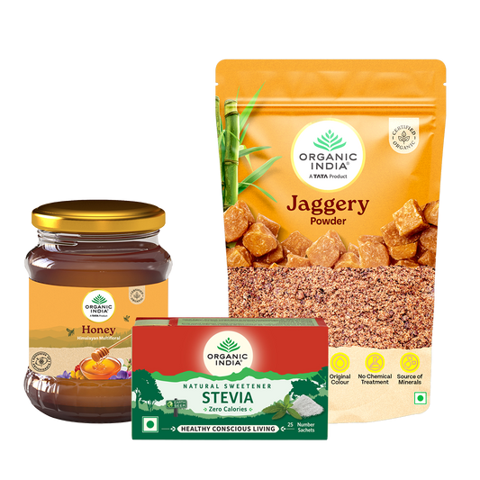 【Organic India】 Multi Floral Honey, Stevia & Jaggery Powder Combo｜マルチフローラルハニー、ステビア＆ジャガリーパウダー コンボ｜250g+25Sch+500g