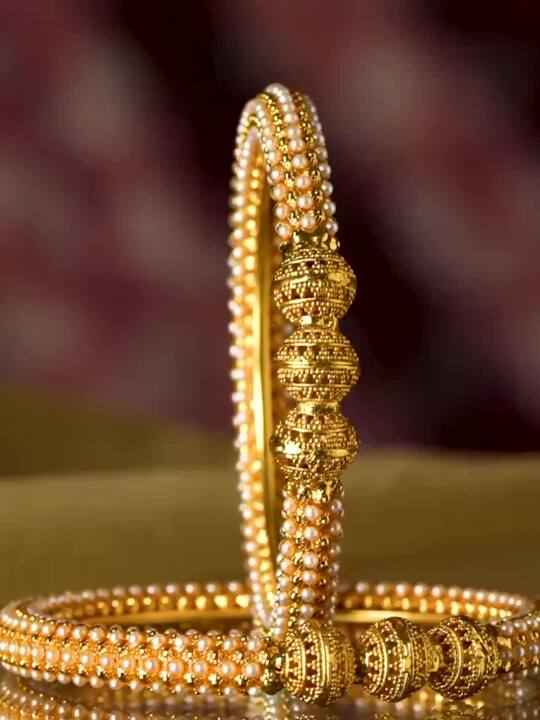 Rubans Set Of 2 Gold-Plated  White Pearls-Studded Handcrafted Bangles 2.6 - Medium