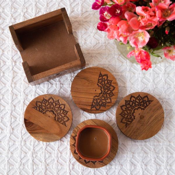 Pure Sheesham Wood Coasters with Holder- Set of Four 600g