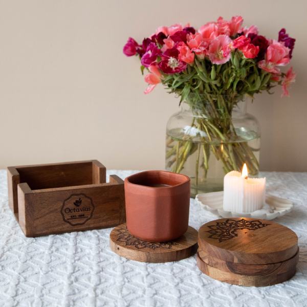 Pure Sheesham Wood Coasters with Holder- Set of Four 600g