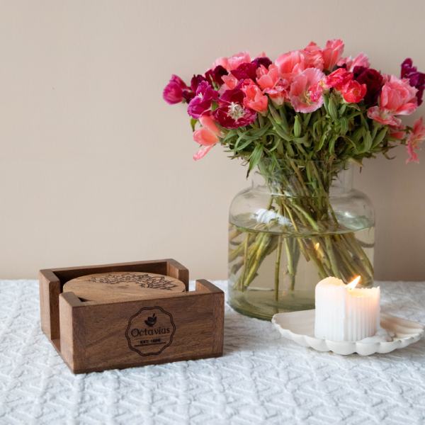 Pure Sheesham Wood Coasters with Holder- Set of Four 600g