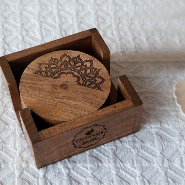 Pure Sheesham Wood Coasters with Holder- Set of Four 600g
