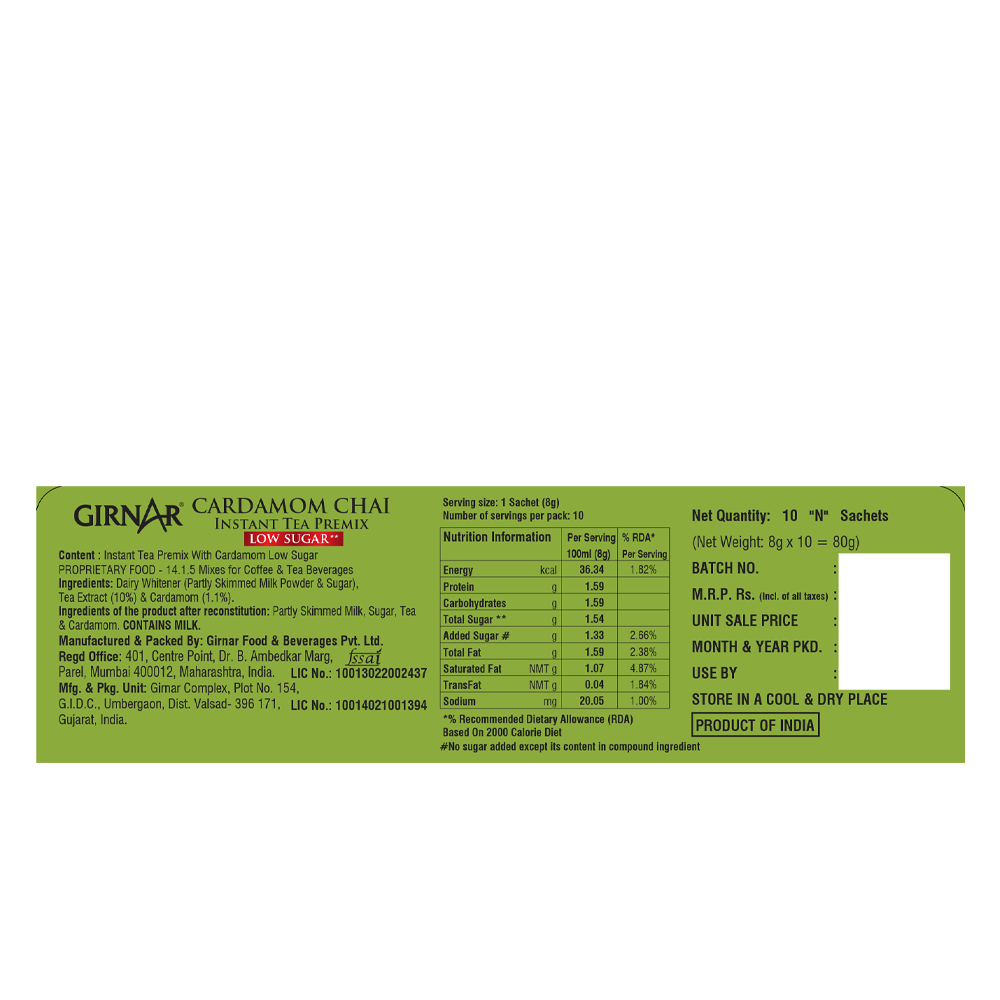 Instant Tea Premix With Cardamom (Low Sugar) 10 Sachets