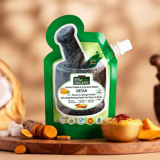 Ready-to-Apply Ubtan for Skin Brightening with Kasturi Haldi, Coconut Malai, Mango Butter, and Besan - 150gm 150g