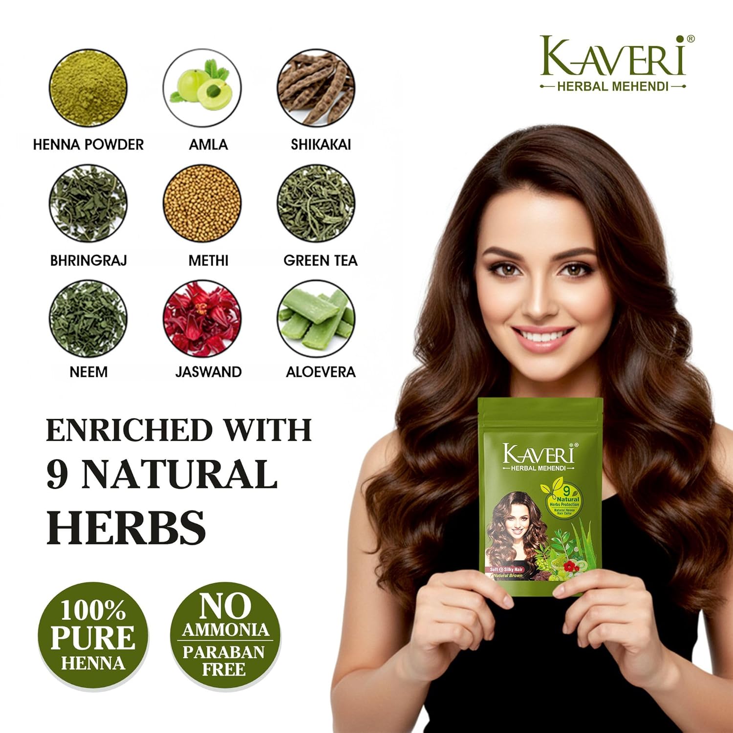 Kaveri Herbal Henna Natural Brown – 9 Herbs Henna Powder For Hair Pack of 10, 10g