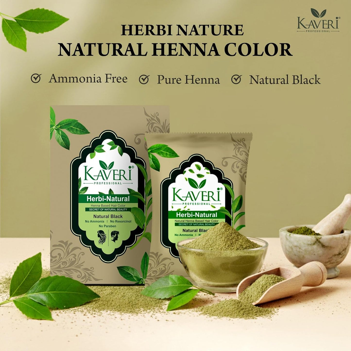 Kaveri Professional Herbi Natural – Natural Black Henna Hair Color (1 Box – 6 Packs, 10gm each) 10gm x 6 packs