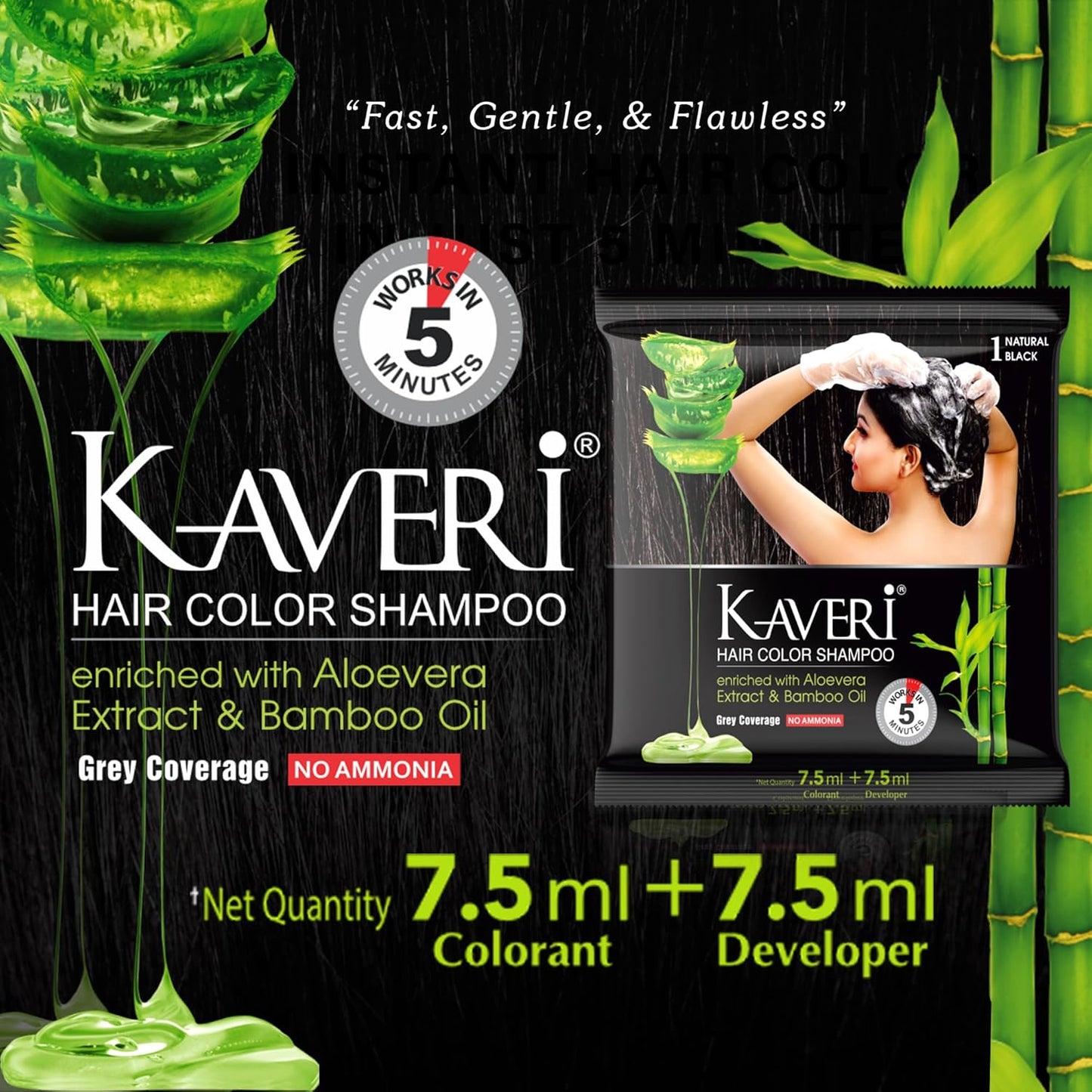 Kaveri Shampoo Hair Colour Black For Men & Women Pack Of 4 (Natural Black) Pack of 4