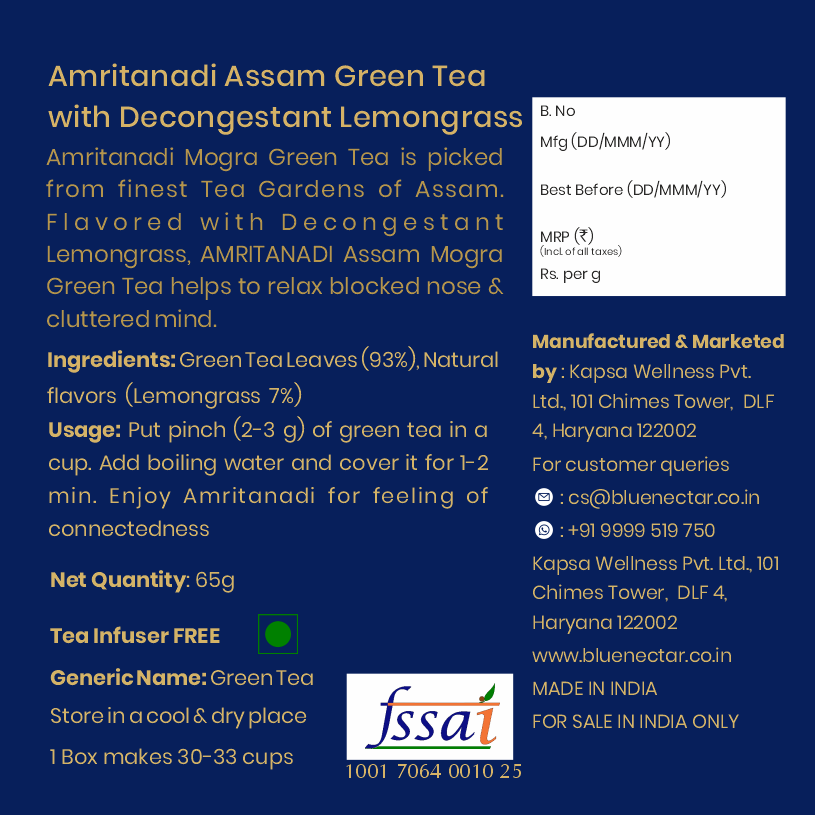 Decongestant Lemongrass Green Tea | Air-Tight Glass Jar with Free Tea Infuser (50 g + 15 g Free | 33 cups) 50g