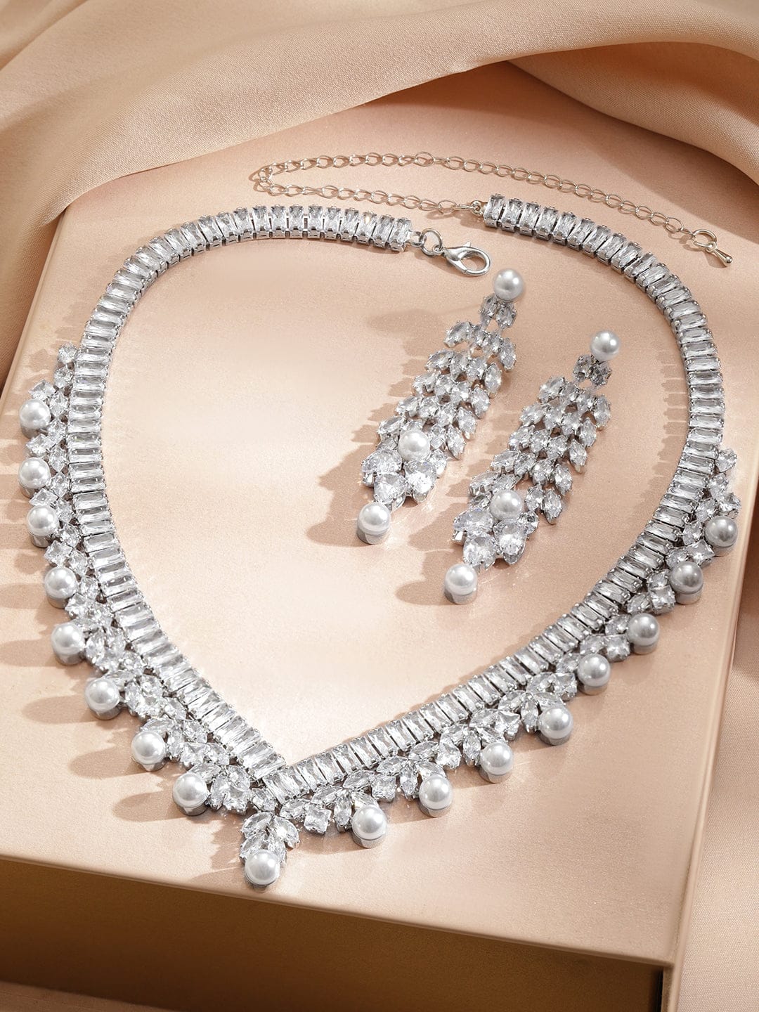 【Rubans】 Line Baguette Zirconia Pearl Necklace Set｜ロジウムメッキ バゲット ジルコニア パール ネックレスセット