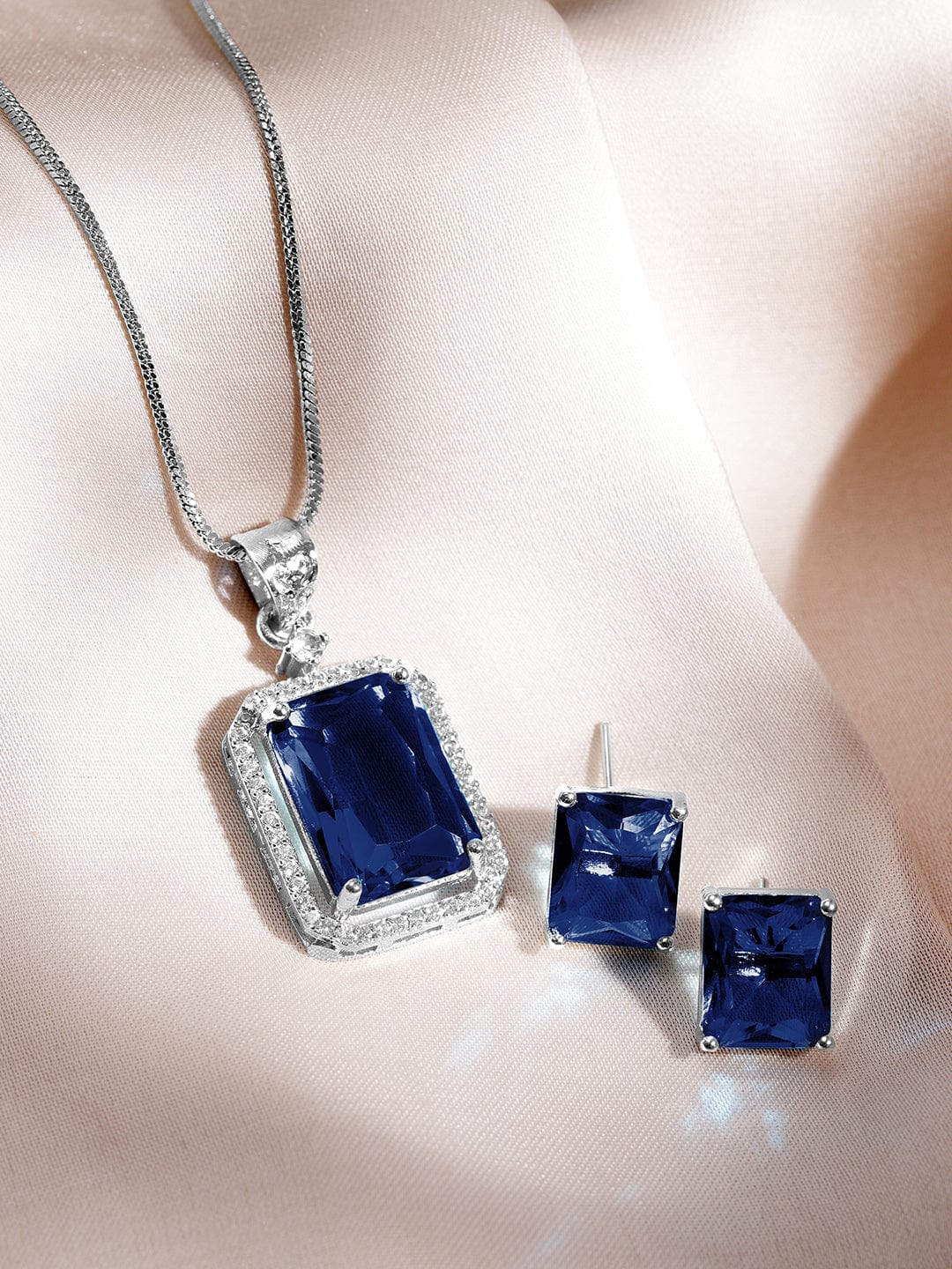 American Diamond Zirconia Blue Pendant Necklace Set Blue