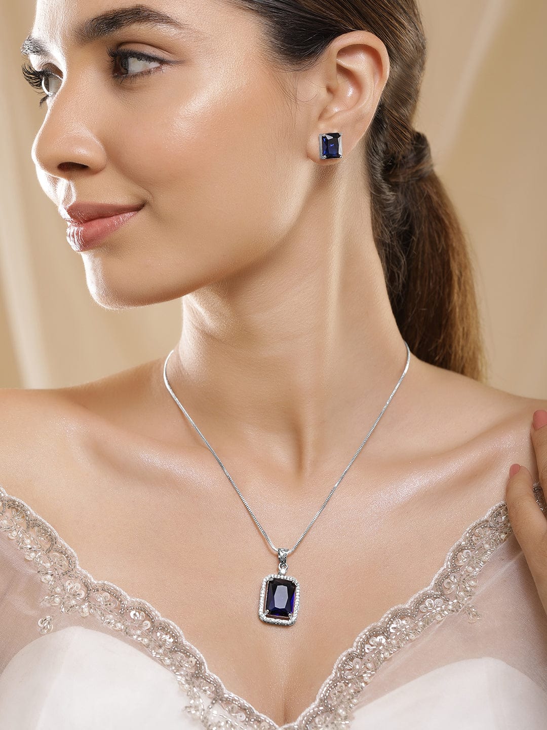 American Diamond Zirconia Blue Pendant Necklace Set Blue