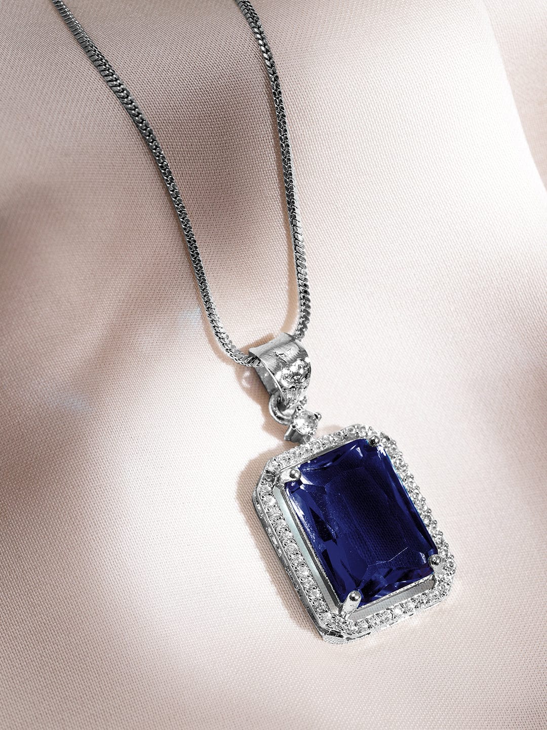 American Diamond Zirconia Blue Pendant Necklace Set Blue