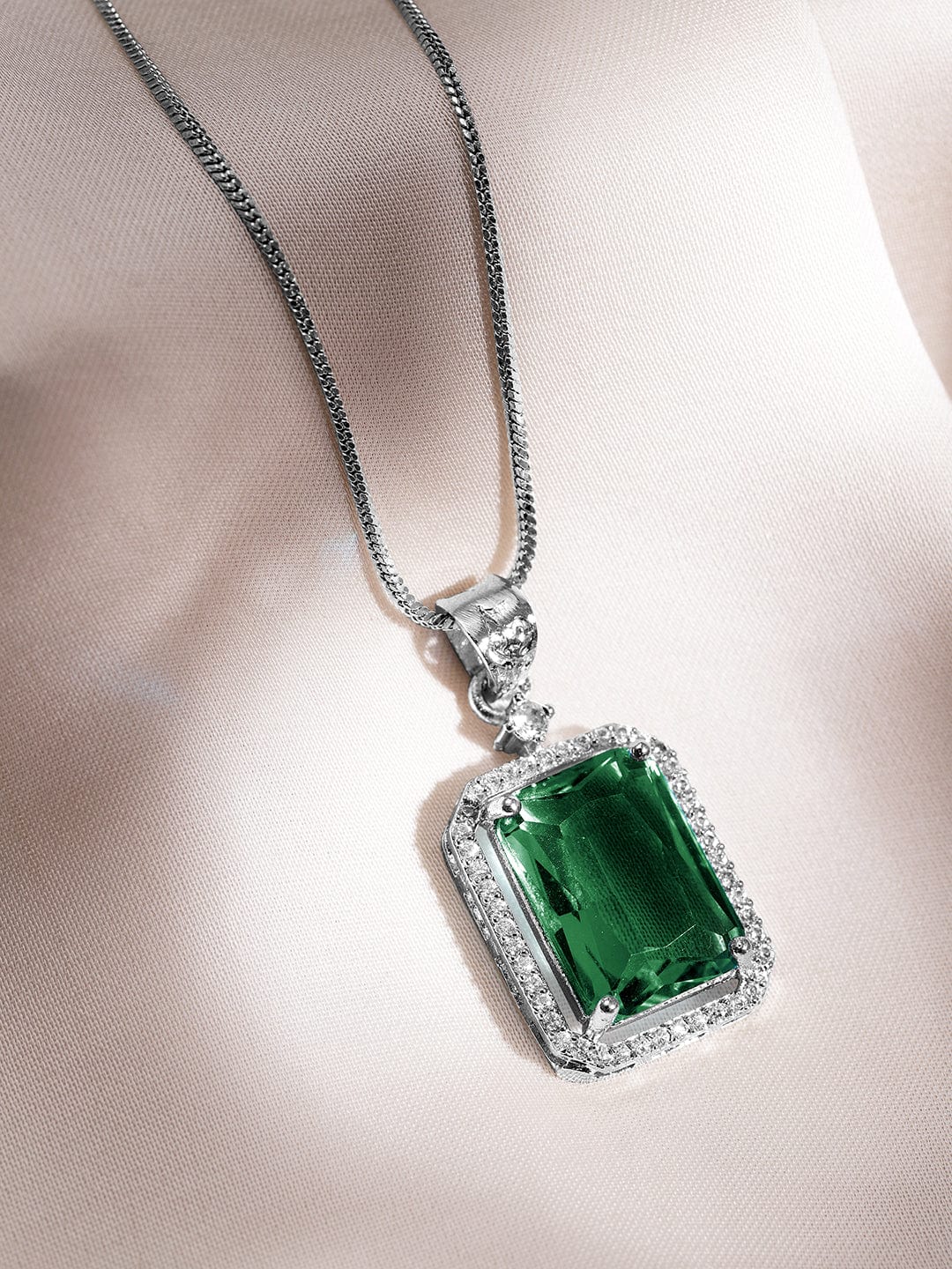 American Diamond Zirconia Emerald Pendant Necklace Set Green
