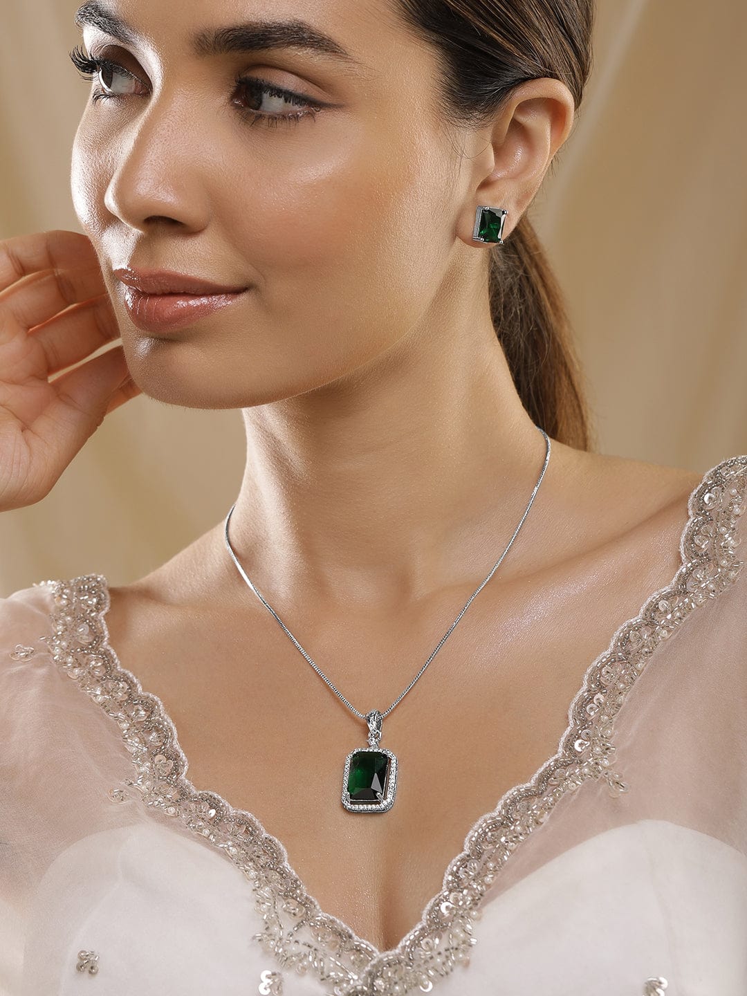 American Diamond Zirconia Emerald Pendant Necklace Set Green