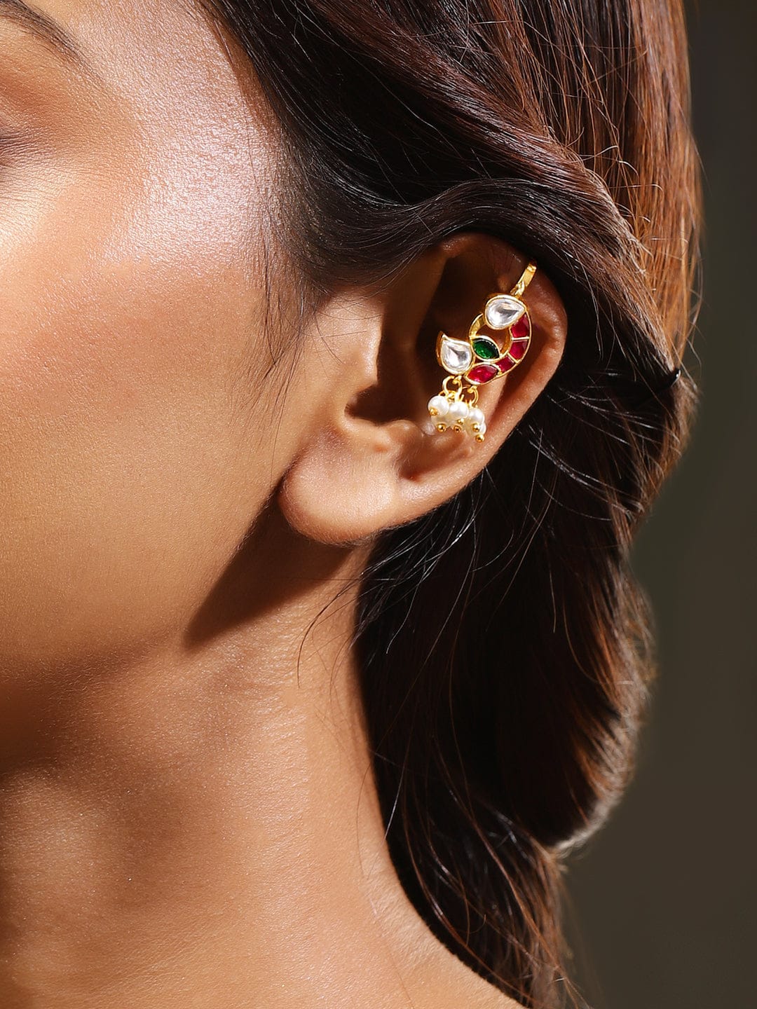 Majestic Pink White Kundan Ear Cuff フリーサイズ