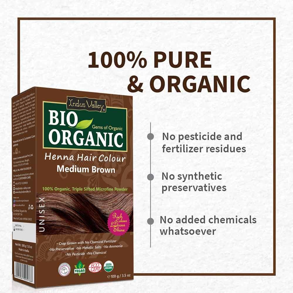 Bio Organic Medium Brown Henna Hair Colour For Early Grey Hair Coverage - 100gm 100g