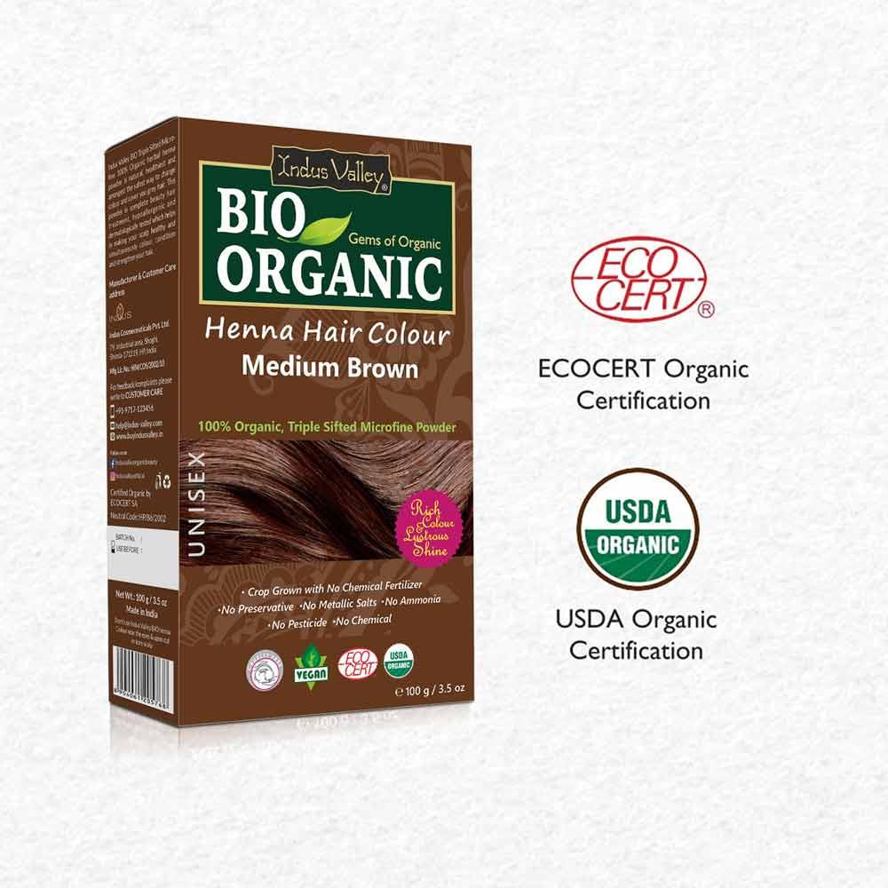 Bio Organic Medium Brown Henna Hair Colour For Early Grey Hair Coverage - 100gm 100g