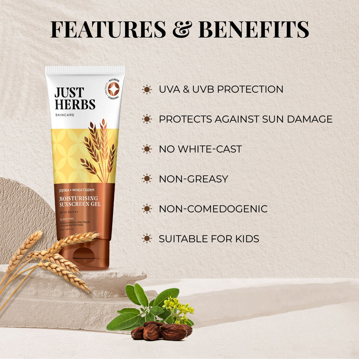Just Herbs モイスチャライジング サンスクリーンジェル SPF35+ PA++++ ホホバ＆ウィートジャーム 50ml のチューブ