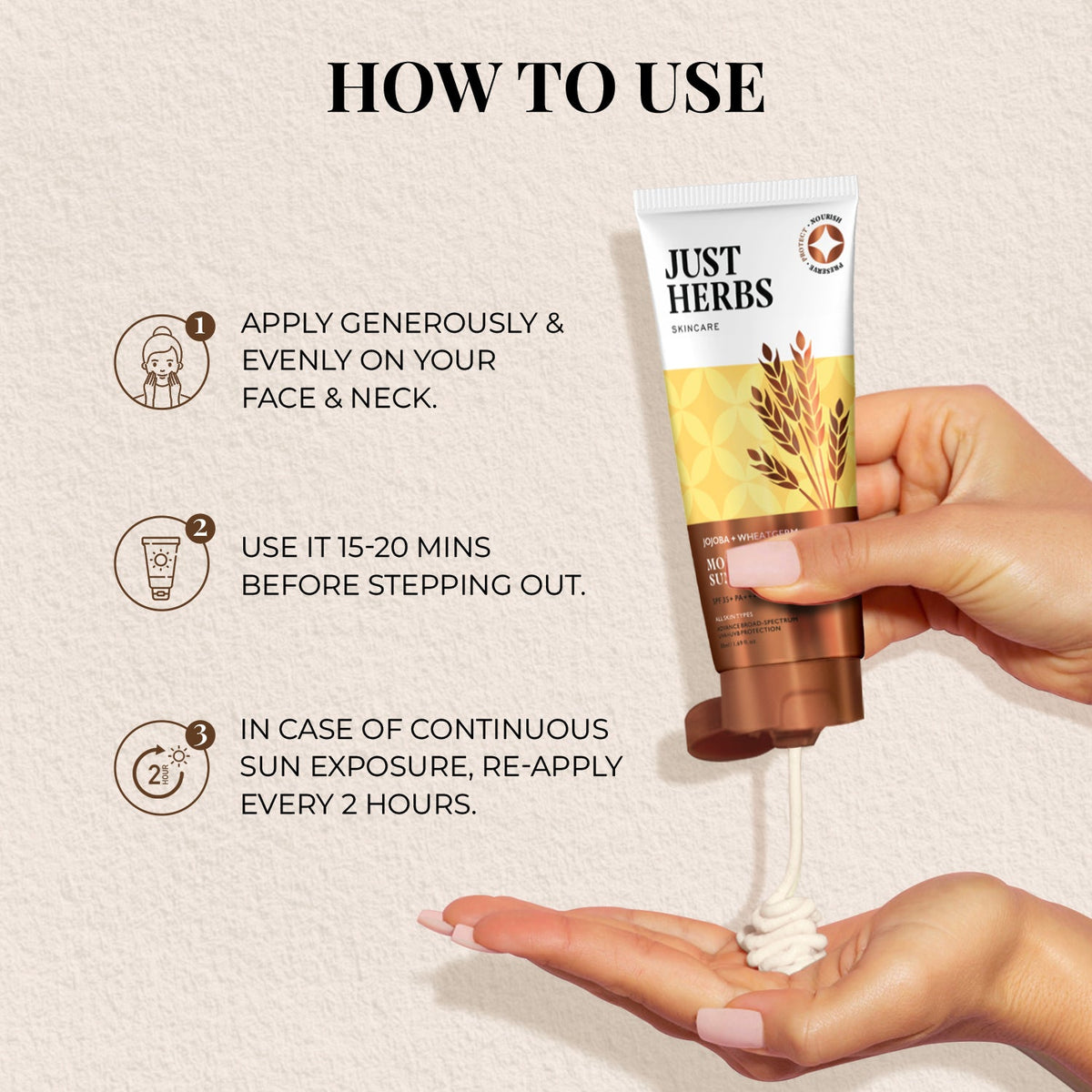 Just Herbs モイスチャライジング サンスクリーンジェル SPF35+ PA++++ ホホバ＆ウィートジャーム 50ml のチューブ