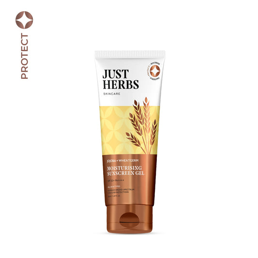 Just Herbs モイスチャライジング サンスクリーンジェル SPF35+ PA++++ ホホバ＆ウィートジャーム 50ml のチューブ