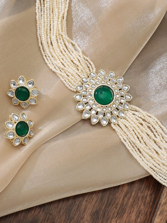 Rubans Multiple White Beaded Chains Pendant Choker Set Silver::Green