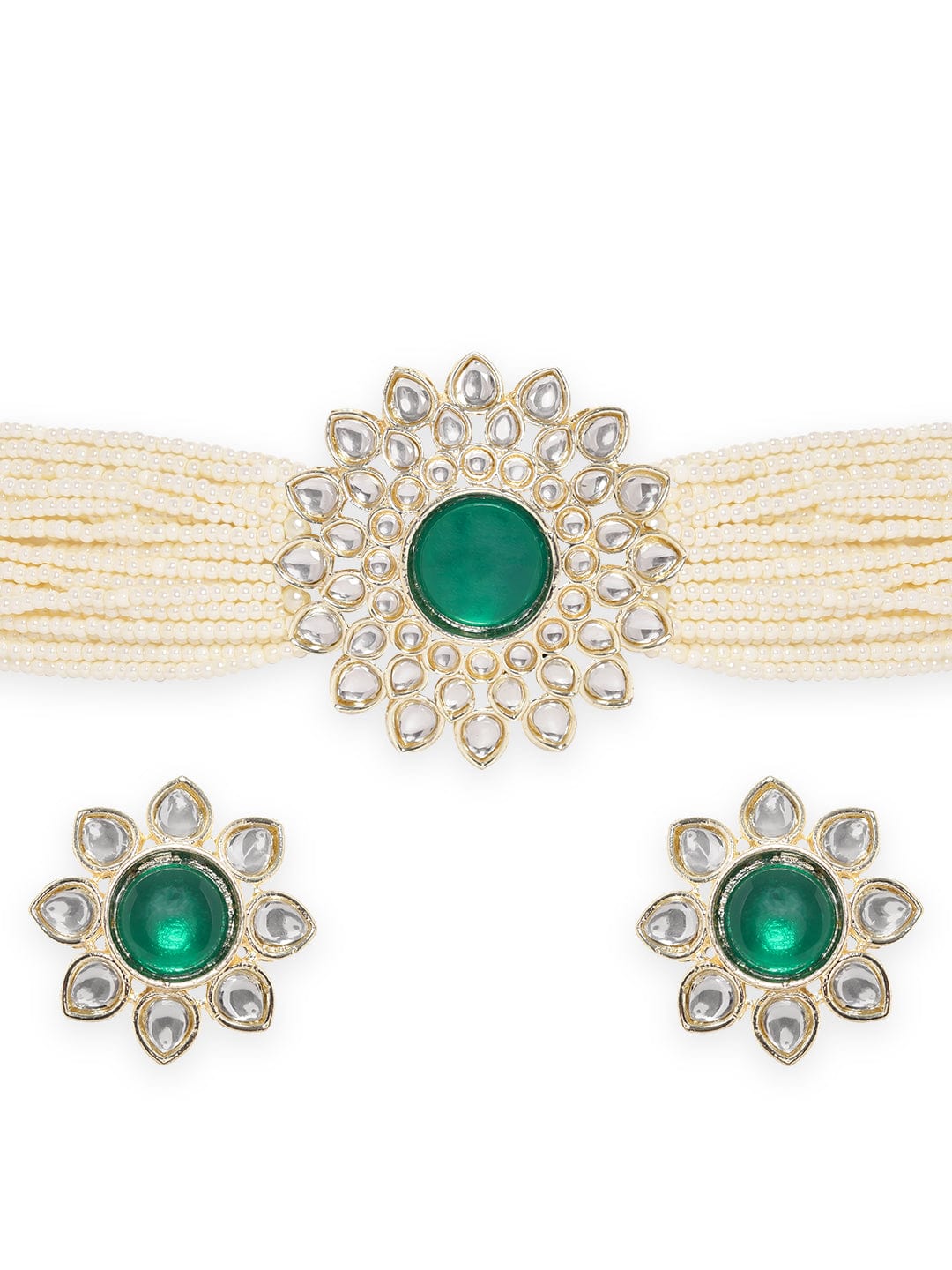 Rubans Multiple White Beaded Chains Pendant Choker Set Silver::Green