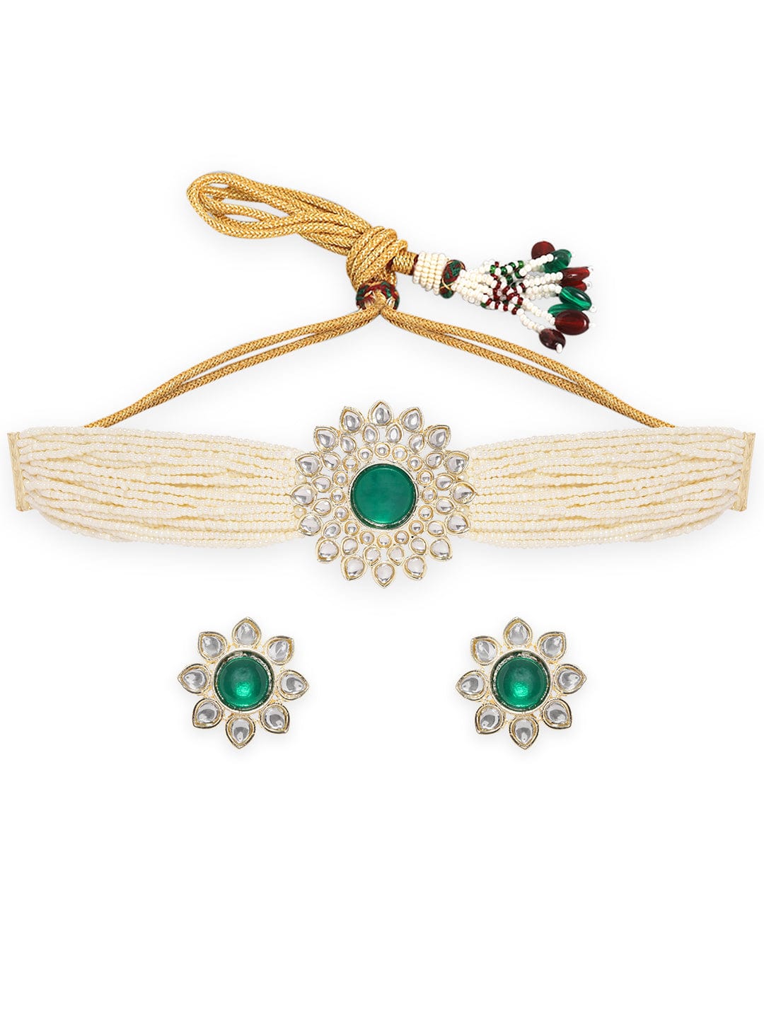 Rubans Multiple White Beaded Chains Pendant Choker Set Silver::Green