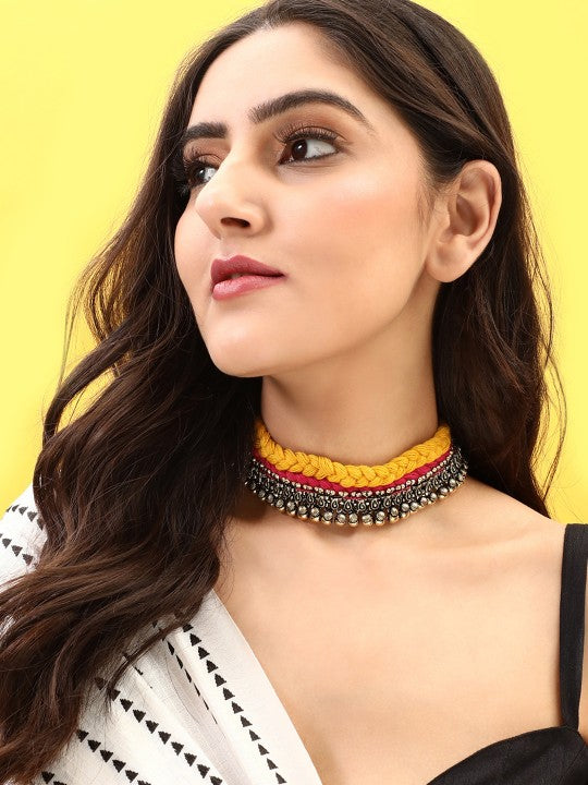 Rubans Oxidised Silver-Toned Orange Kerala Choker Necklace Multicolor