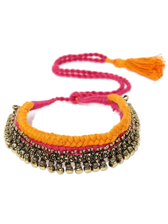 Rubans Oxidised Silver-Toned Orange Kerala Choker Necklace Multicolor