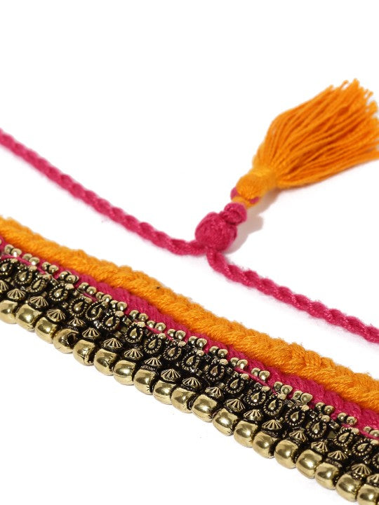 Rubans Oxidised Silver-Toned Orange Kerala Choker Necklace Multicolor