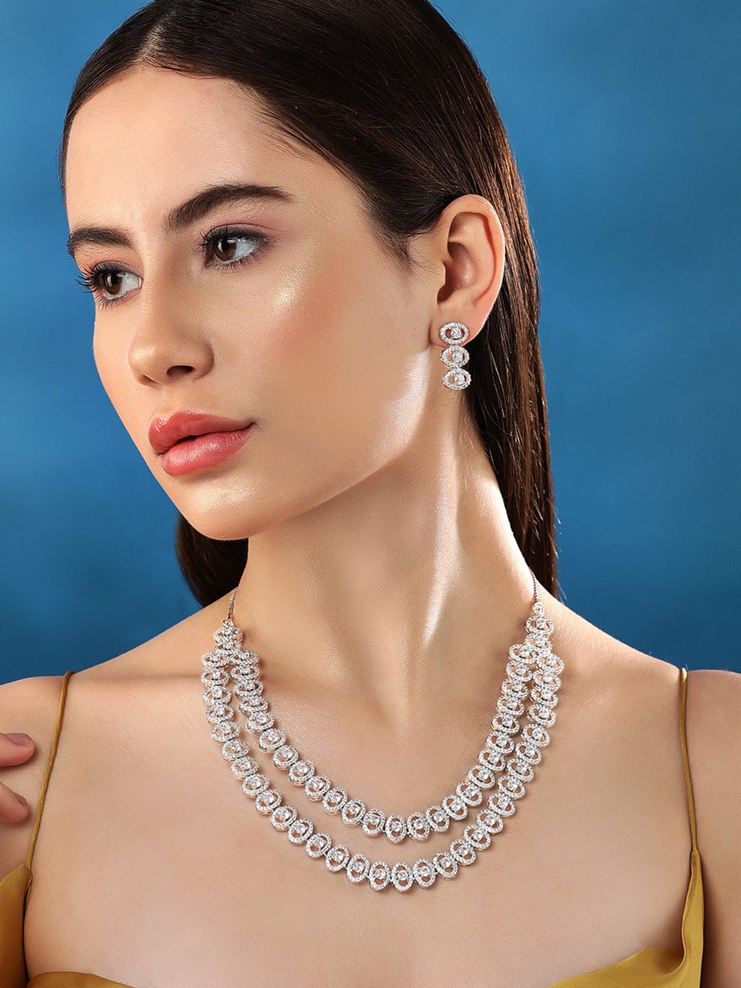 American Diamond Zirconia Dual Layered Necklace Set Silver