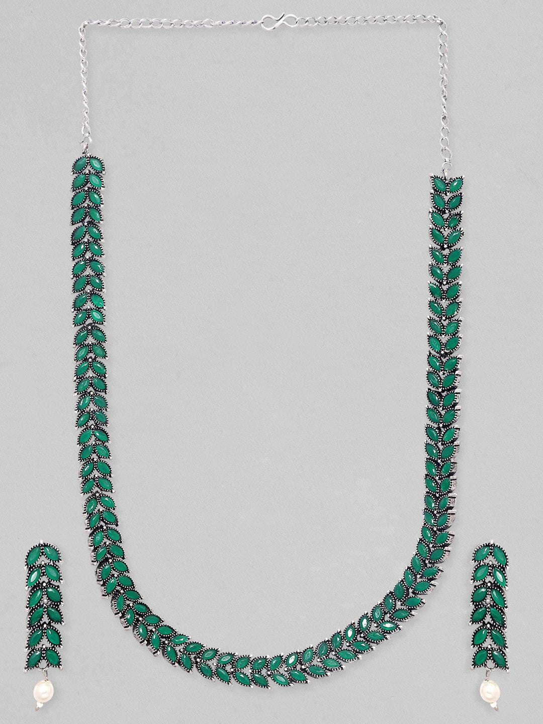 Emerald Green Studded Necklace Set Green::Silver