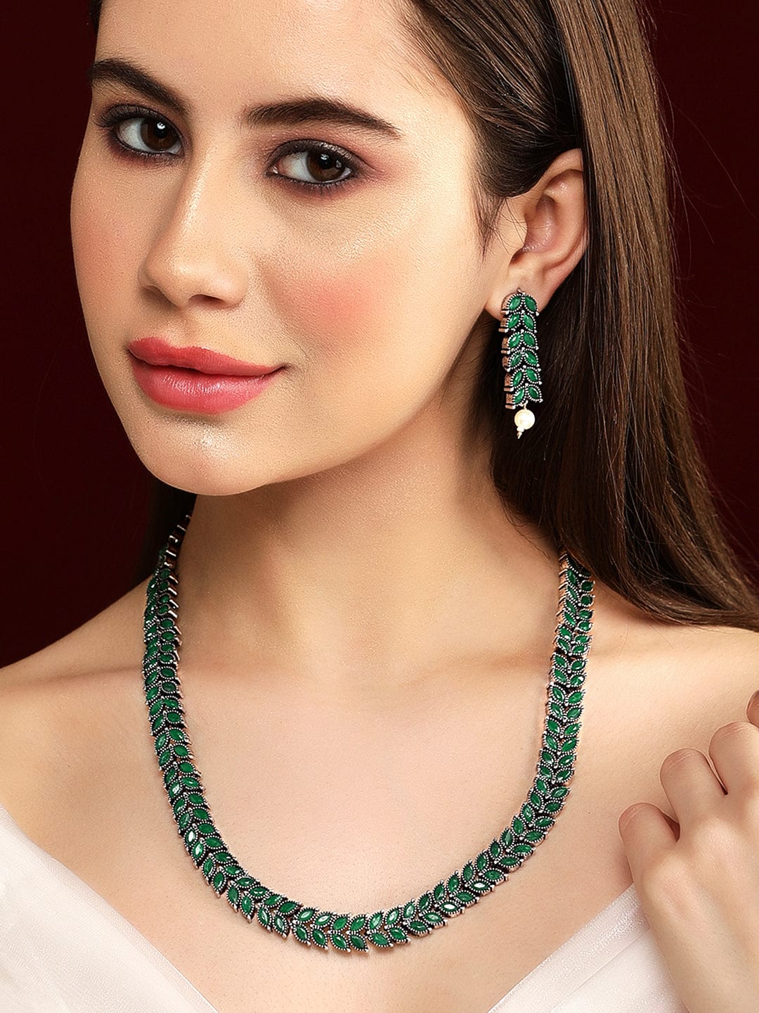 Emerald Green Studded Necklace Set Green::Silver