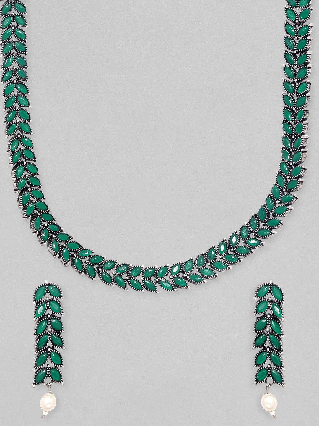 Emerald Green Studded Necklace Set Green::Silver