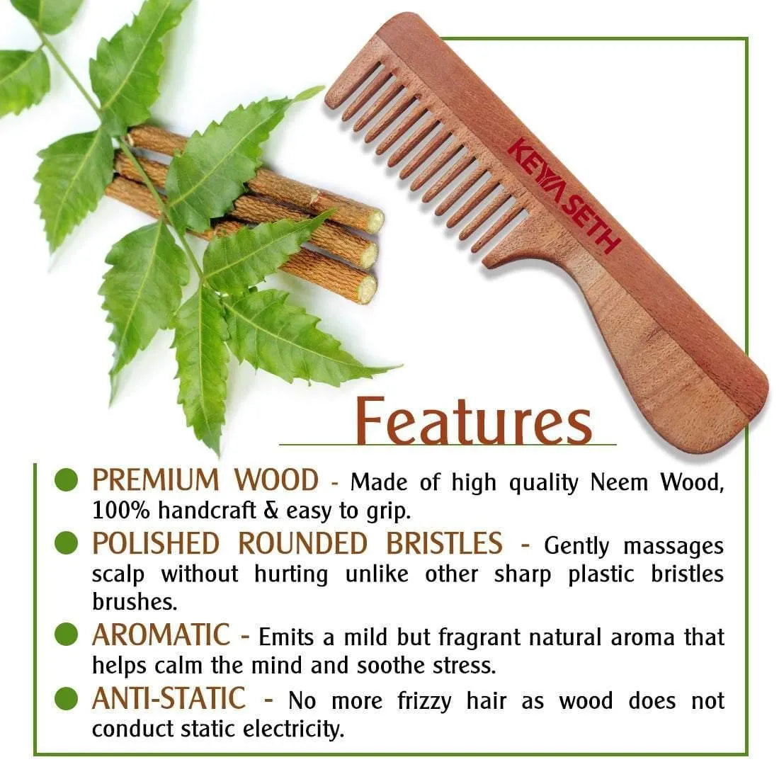 Neem Wooden Handle Comb Wide Tooth for Hair Growth for Men & Women 100g