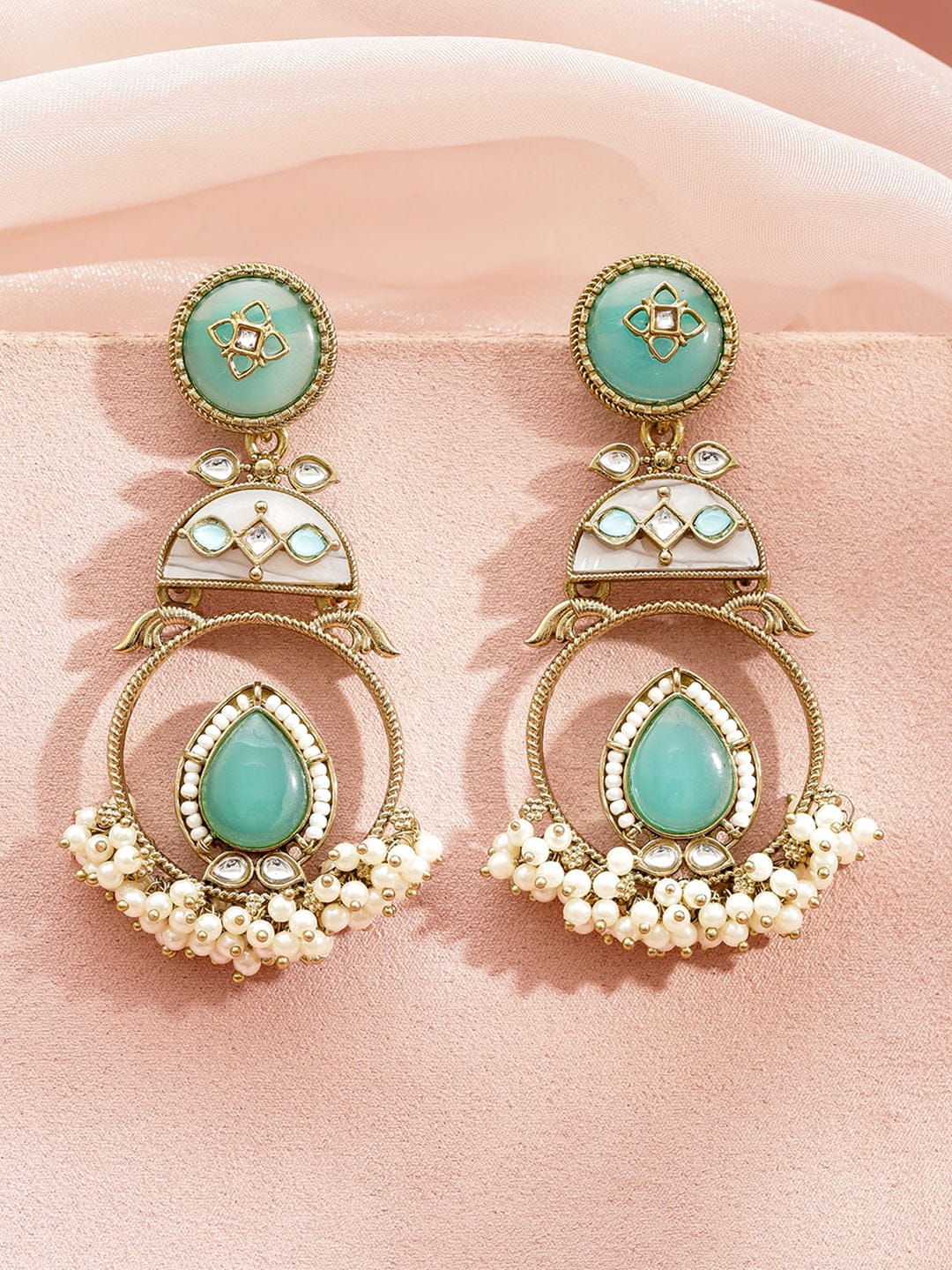 Gold Pearl Beaded Aqua Green Dangler Earrings フリーサイズ