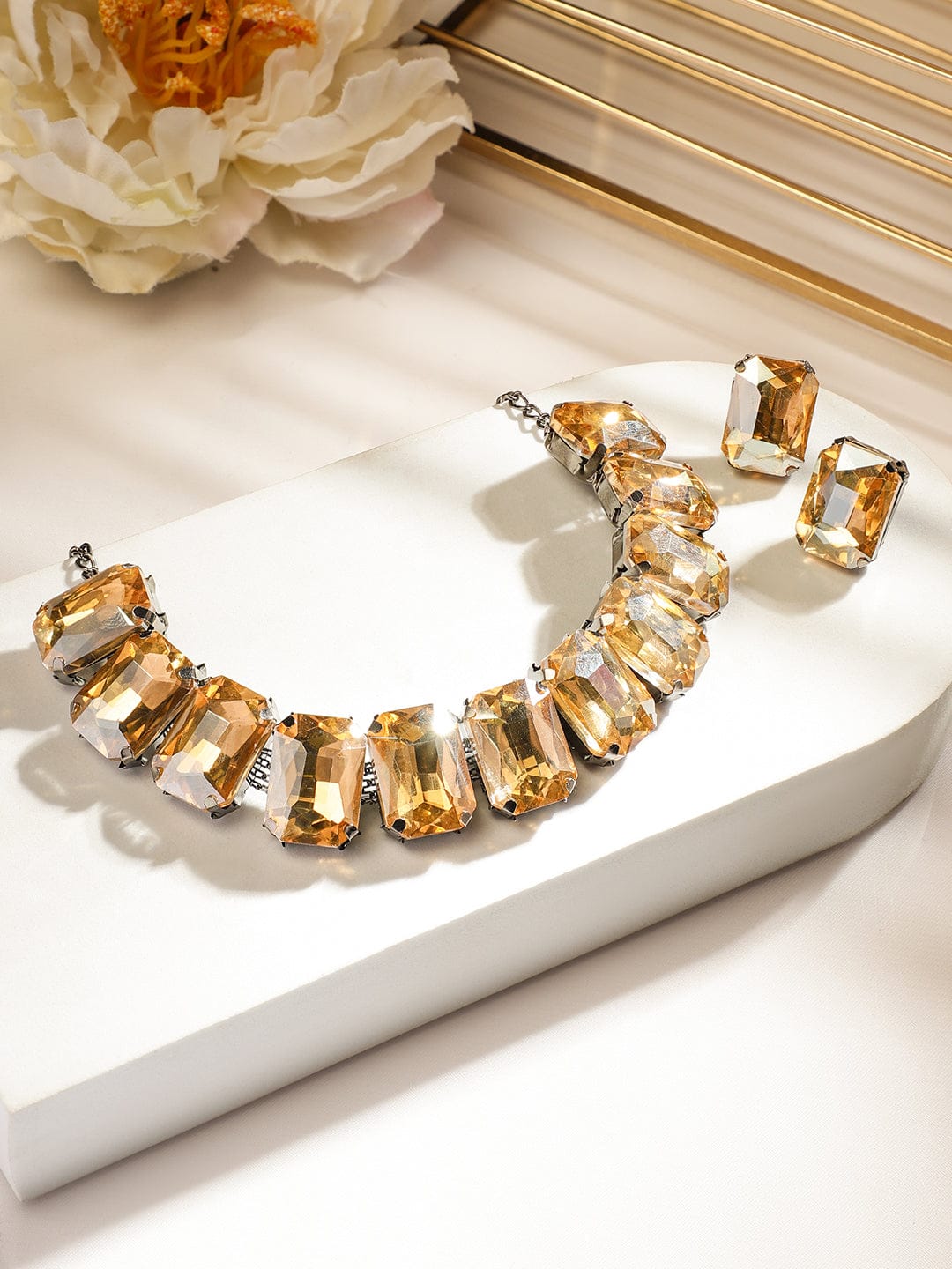 Golden Champagne Crystal Studded Necklace Set Yellow