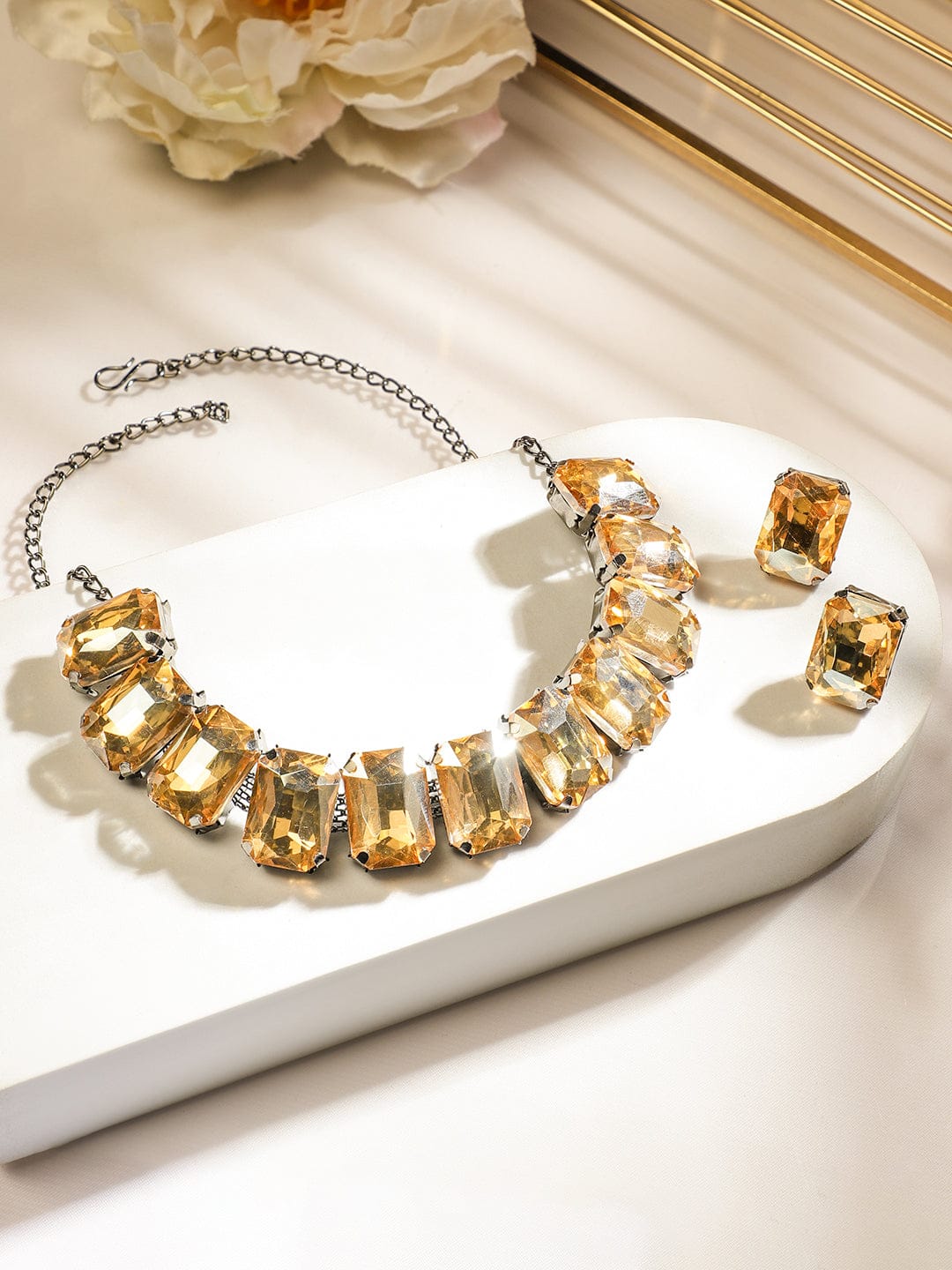 Golden Champagne Crystal Studded Necklace Set Yellow