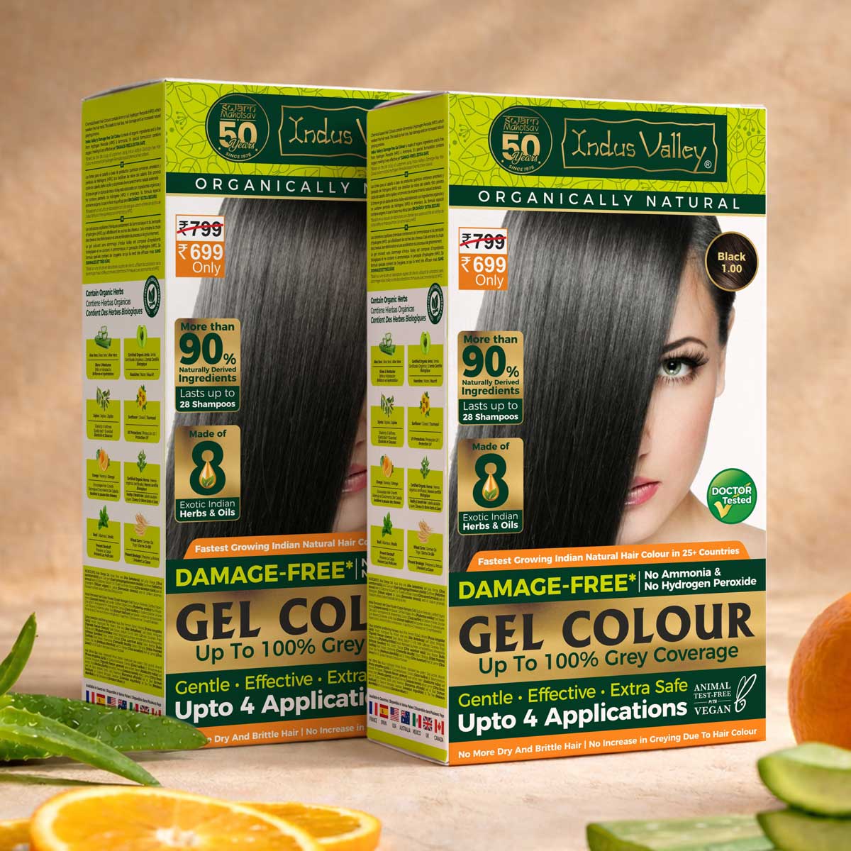 【Indus Valley】 Black 1.00 Organic Hair Colour | Damage Free Gel Hair Color | Chemical Free, Long Lasting, Safe & Gentle - 200ml + 20g Pack of 2