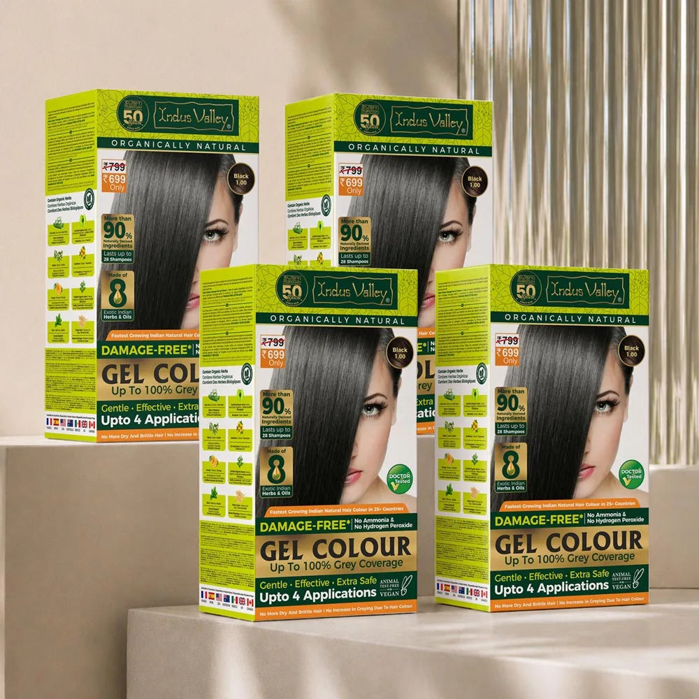 【Indus Valley】 Black 1.00 Organic Hair Colour | Damage Free Gel Hair Color | Chemical Free, Long Lasting, Safe & Gentle - 200ml + 20g Pack of 4