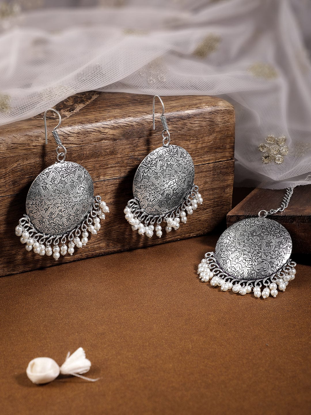 Floral Engraved Pearl Drop Oxidised Maangtikka with Earrings Silver