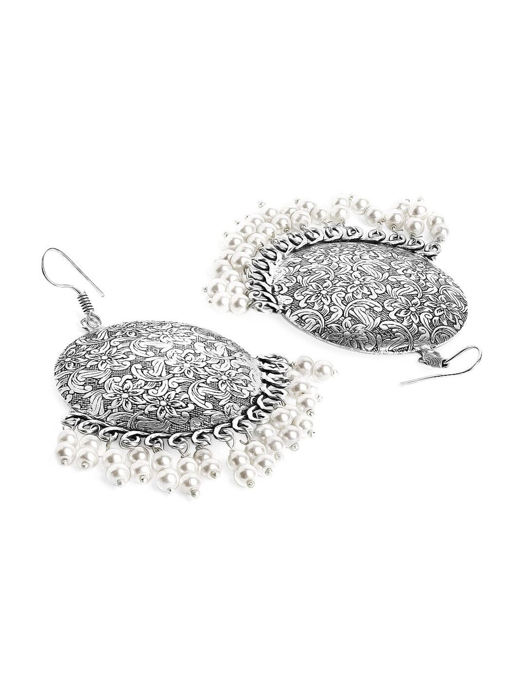Floral Engraved Pearl Drop Oxidised Maangtikka with Earrings Silver